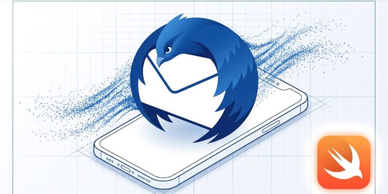 Thunderbird bird icon landing on iPhone with Swift logo - open source email app coming to iOS