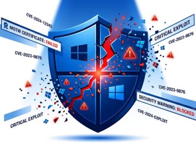 Windows security shield with a crack representing CVE-2026-96951 Windows Shell zero-day, October 2026 Patch Tuesday