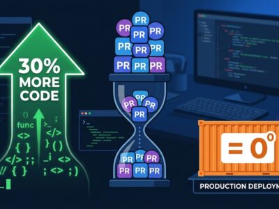 Developer pipeline showing AI coding agents increasing code volume while pull request review queue becomes the bottleneck