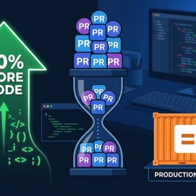 Developer pipeline showing AI coding agents increasing code volume while pull request review queue becomes the bottleneck