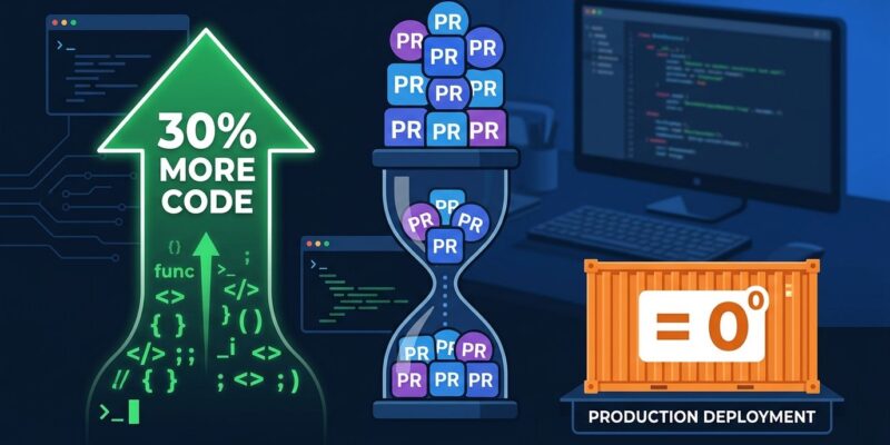 Developer pipeline showing AI coding agents increasing code volume while pull request review queue becomes the bottleneck