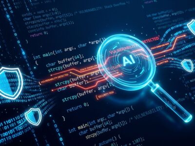 AI magnifying glass scanning C source code revealing vulnerability paths, representing AISLE's automated security audit that found 75% of curl 8.23.0 CVEs