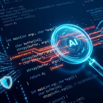 AI magnifying glass scanning C source code revealing vulnerability paths, representing AISLE's automated security audit that found 75% of curl 8.23.0 CVEs