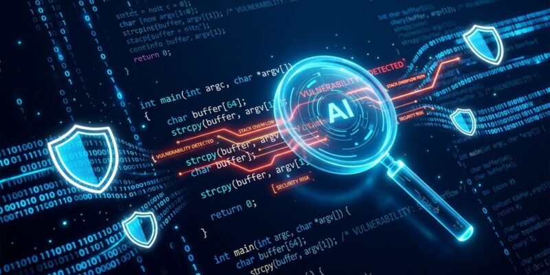 AI magnifying glass scanning C source code revealing vulnerability paths, representing AISLE's automated security audit that found 75% of curl 8.23.0 CVEs