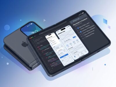 iPhone Duo foldable device showing developer code on inner display