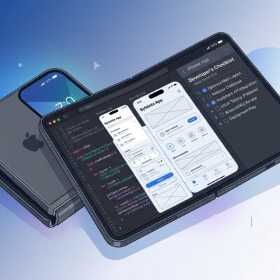 iPhone Duo foldable device showing developer code on inner display