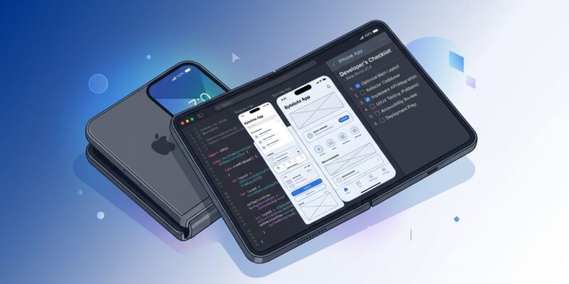 iPhone Duo foldable device showing developer code on inner display