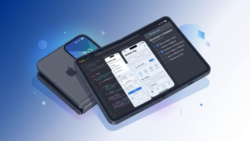 iPhone Duo foldable device showing developer code on inner display