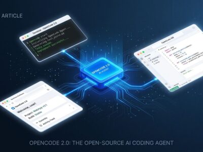 OpenCode 2.0 shared background service connecting terminal, desktop, and web interfaces with blue data streams