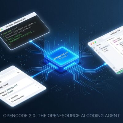 OpenCode 2.0 shared background service connecting terminal, desktop, and web interfaces with blue data streams