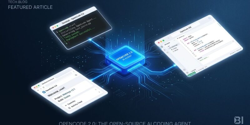 OpenCode 2.0 shared background service connecting terminal, desktop, and web interfaces with blue data streams