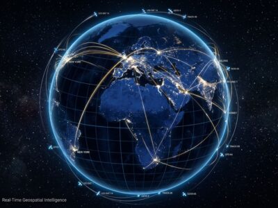 A photorealistic 3D globe of Earth at night with glowing flight paths and satellites representing God's Eye View open-source geospatial intelligence platform