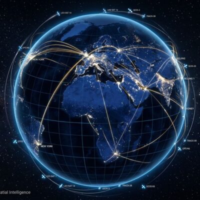 A photorealistic 3D globe of Earth at night with glowing flight paths and satellites representing God's Eye View open-source geospatial intelligence platform
