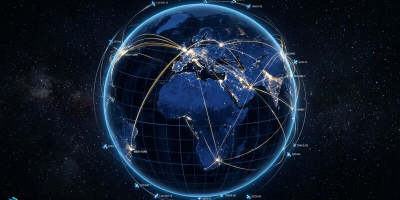 A photorealistic 3D globe of Earth at night with glowing flight paths and satellites representing God's Eye View open-source geospatial intelligence platform