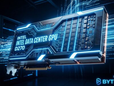 Intel GPU D270 data center inference card with 480GB LPDDR5X memory on a circuit board background