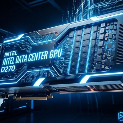 Intel GPU D270 data center inference card with 480GB LPDDR5X memory on a circuit board background