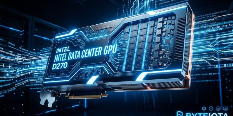 Intel GPU D270 data center inference card with 480GB LPDDR5X memory on a circuit board background