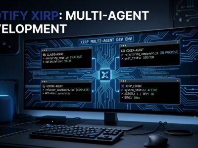 Spotify Xirp multi-agent development environment showing Claude Code, Codex, and Gemini CLI sessions in a grid view
