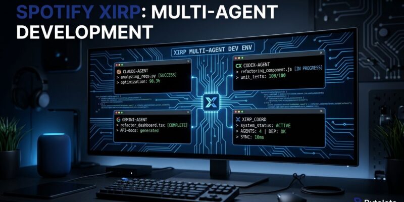 Spotify Xirp multi-agent development environment showing Claude Code, Codex, and Gemini CLI sessions in a grid view