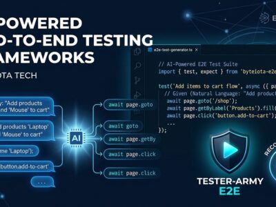 tester-army/e2e framework: TypeScript code editor showing natural language test with agent.act() and replay cache visualization on dark blue background