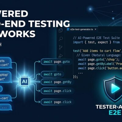 tester-army/e2e framework: TypeScript code editor showing natural language test with agent.act() and replay cache visualization on dark blue background