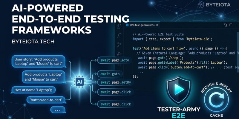 tester-army/e2e framework: TypeScript code editor showing natural language test with agent.act() and replay cache visualization on dark blue background