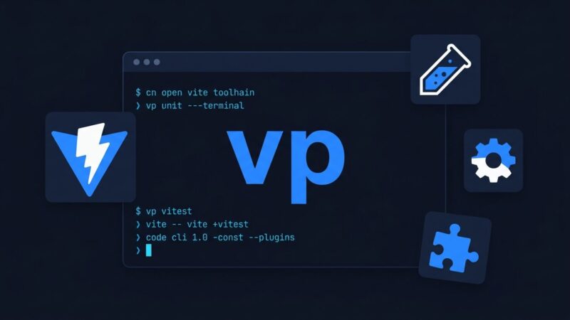 Terminal interface showing vp CLI commands for Vite+ 1.0 JavaScript toolchain