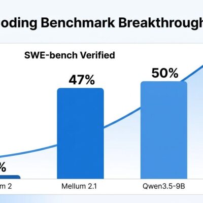 Mellum 2.1 benchmark chart showing SWE-bench Verified improvement from 2% to 47% compared to Qwen3.5-9B