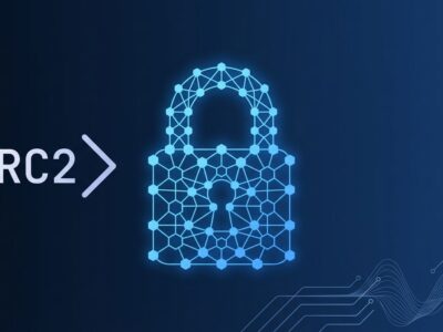Dark blue background with glowing geometric padlock representing ML-KEM post-quantum cryptography in .NET 11 RC2