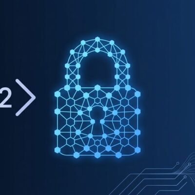 Dark blue background with glowing geometric padlock representing ML-KEM post-quantum cryptography in .NET 11 RC2