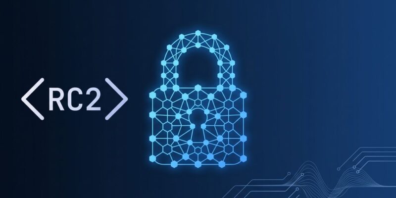 Dark blue background with glowing geometric padlock representing ML-KEM post-quantum cryptography in .NET 11 RC2