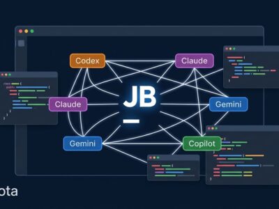 JetBrains Air EAP showing multiple AI agents - Codex, Claude, and Copilot - running in parallel inside an IDE window with connected agent nodes on a dark navy background