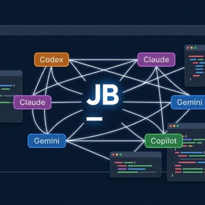JetBrains Air EAP showing multiple AI agents - Codex, Claude, and Copilot - running in parallel inside an IDE window with connected agent nodes on a dark navy background