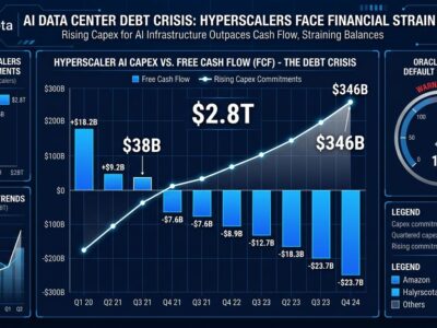 Data visualization dashboard showing AI data center debt metrics with hyperscaler free cash flow decline and capex commitments