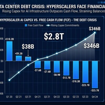 Data visualization dashboard showing AI data center debt metrics with hyperscaler free cash flow decline and capex commitments