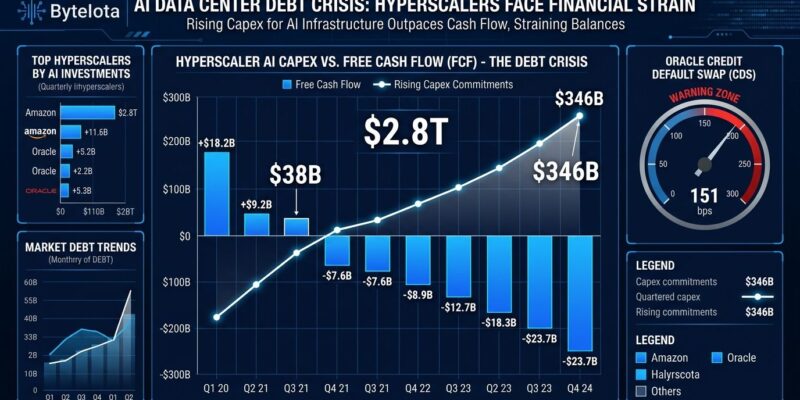 Data visualization dashboard showing AI data center debt metrics with hyperscaler free cash flow decline and capex commitments