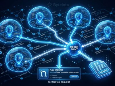 Multiple AI agents running in parallel on a codebase with isolated workspace bubbles merging into a single pull request, ByteIota brand colors blue and white
