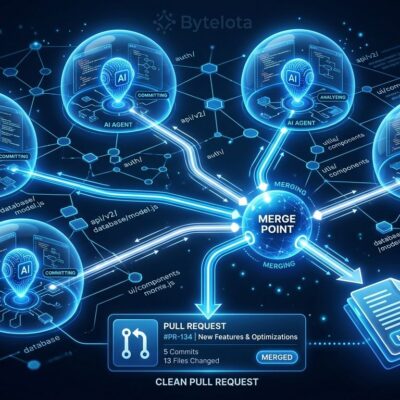 Multiple AI agents running in parallel on a codebase with isolated workspace bubbles merging into a single pull request, ByteIota brand colors blue and white
