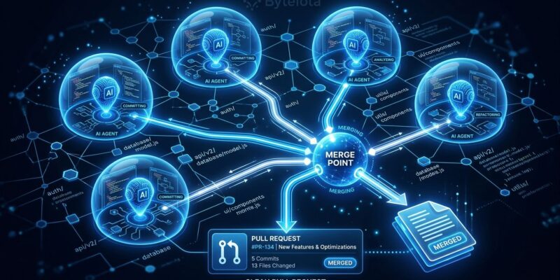 Multiple AI agents running in parallel on a codebase with isolated workspace bubbles merging into a single pull request, ByteIota brand colors blue and white