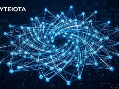 Network of interconnected AI agents forming a swarm with blue and white nodes on dark background