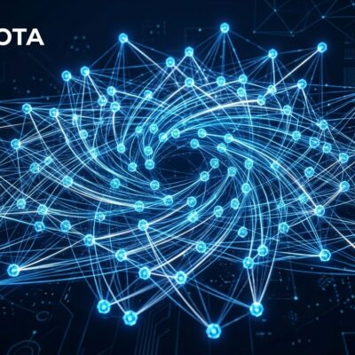 Network of interconnected AI agents forming a swarm with blue and white nodes on dark background