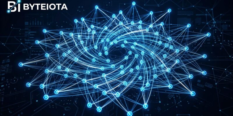 Network of interconnected AI agents forming a swarm with blue and white nodes on dark background