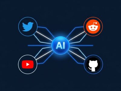 AI agent sphere connecting to Twitter, Reddit, YouTube and GitHub platform icons with blue connection lines on dark background