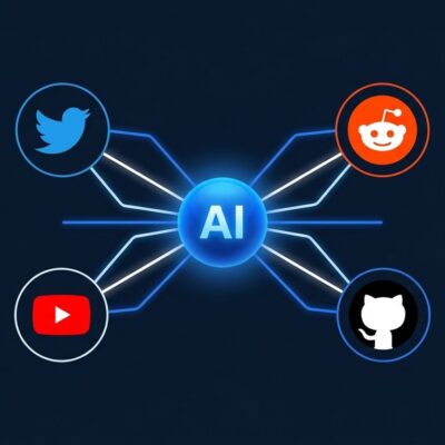 AI agent sphere connecting to Twitter, Reddit, YouTube and GitHub platform icons with blue connection lines on dark background