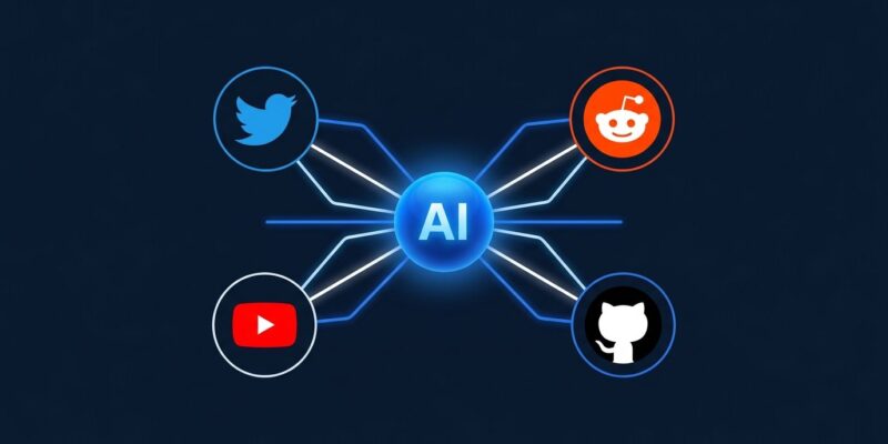AI agent sphere connecting to Twitter, Reddit, YouTube and GitHub platform icons with blue connection lines on dark background