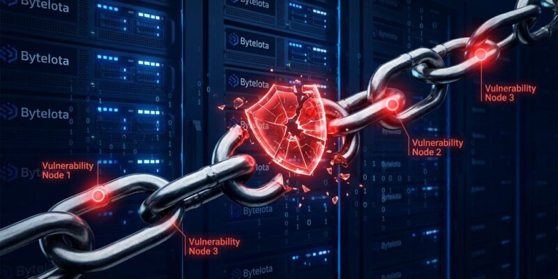Three chained vulnerability nodes breaking a security shield — Ivanti Connect Secure CVE-2026-104935 zero-day exploit chain illustration