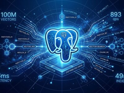 Diagram showing pg_vectorsearch PRISM index architecture with vector clusters and Postgres elephant logo in blue and white