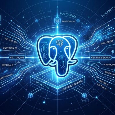 Diagram showing pg_vectorsearch PRISM index architecture with vector clusters and Postgres elephant logo in blue and white