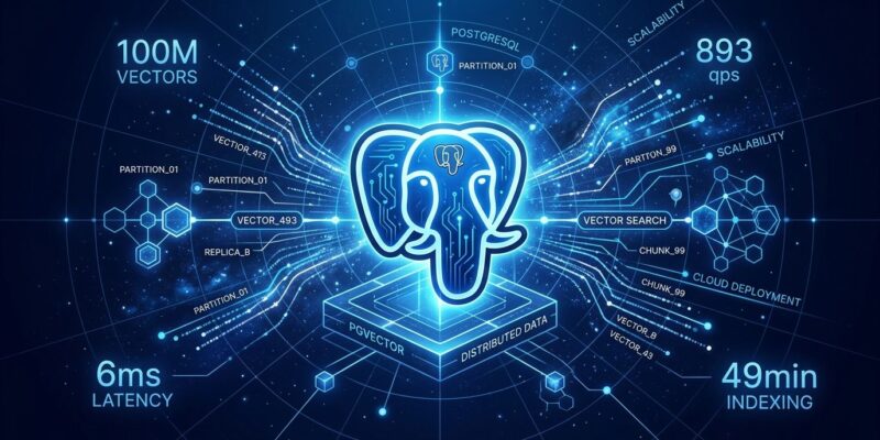 Diagram showing pg_vectorsearch PRISM index architecture with vector clusters and Postgres elephant logo in blue and white