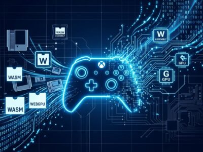 Xbox controller silhouette dissolving into binary code streams representing AI-assisted game decompilation and WebGPU browser porting